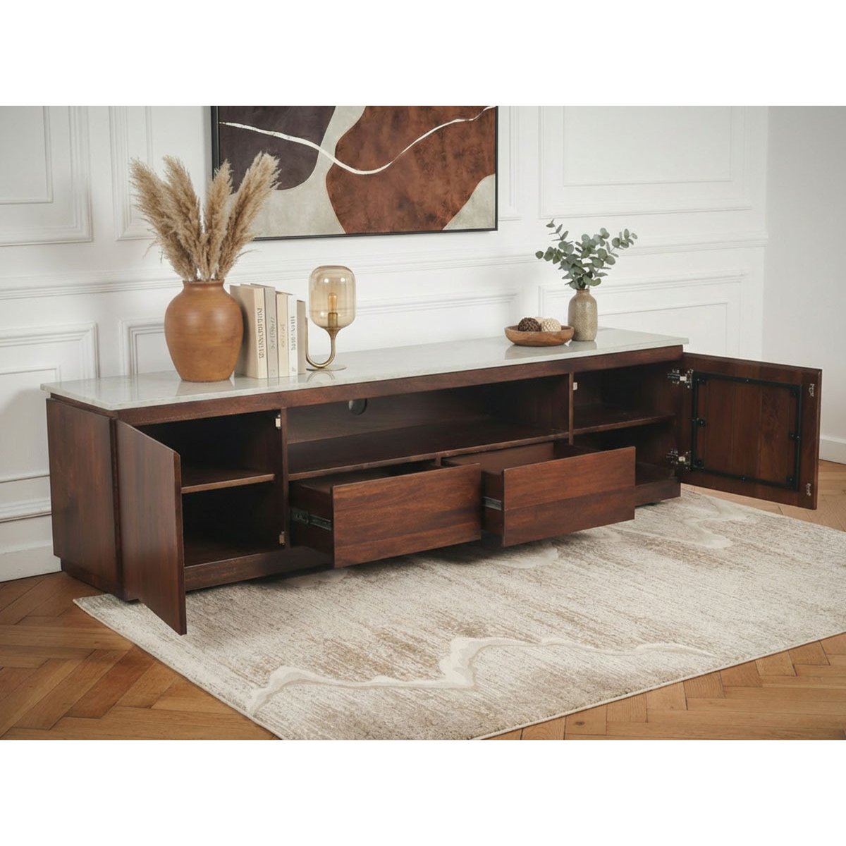 Meuble TV 200 cm bois massif, BARBARA marron foncé, BOBOCHIC
