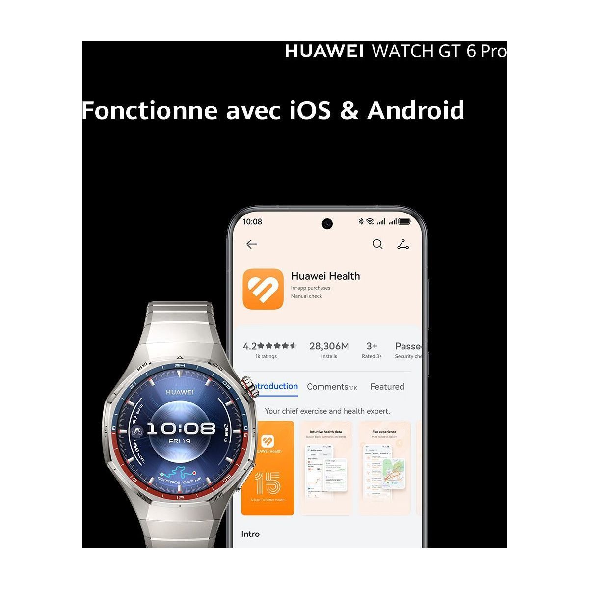 Montre connectée Watch GT6 Pro 46mm Titanium noir, HUAWEI