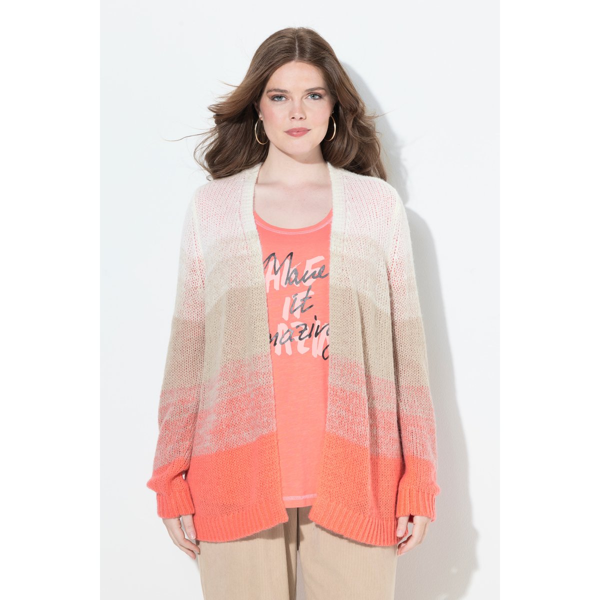 Cardigan encolure en V et manches longues corail, ULLA POPKEN
