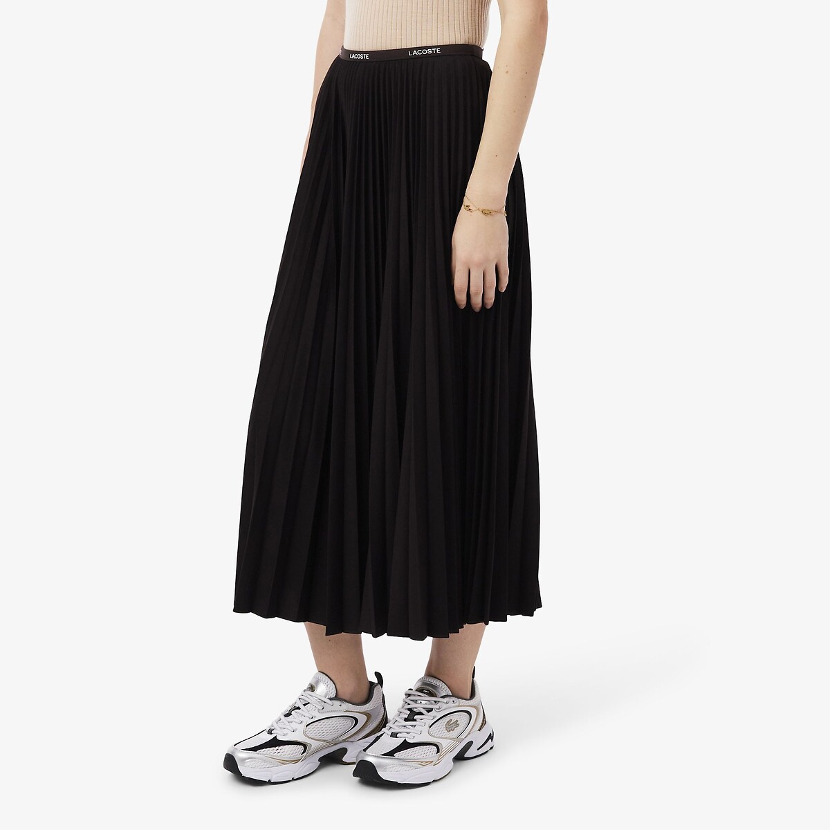 Jupe longue plissée taille élastiquée marron-3la, LACOSTE