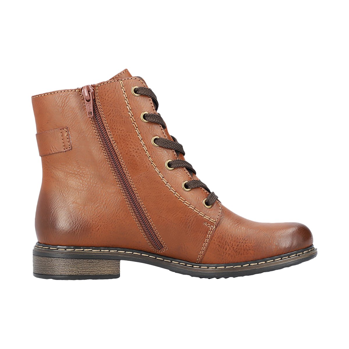 Bottines cognac à talon décroché bas avec des lacets et un zip latéral cognac, RIEKER