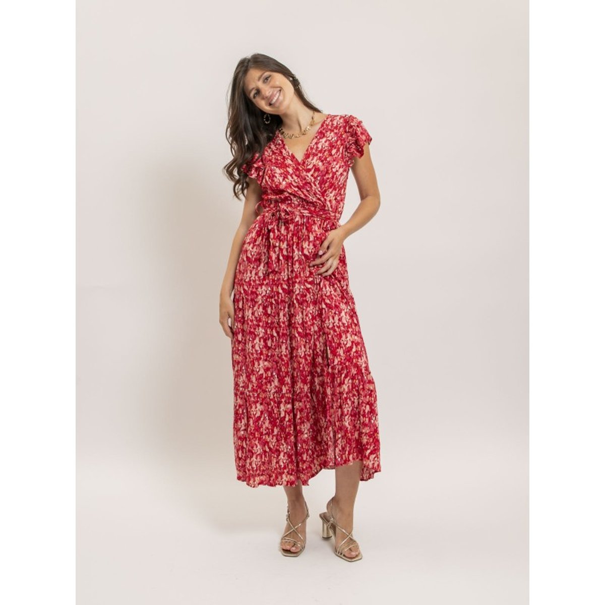 Robe Longue Cache-coeur Avec Ceinture Izane rouge, DONA LISA