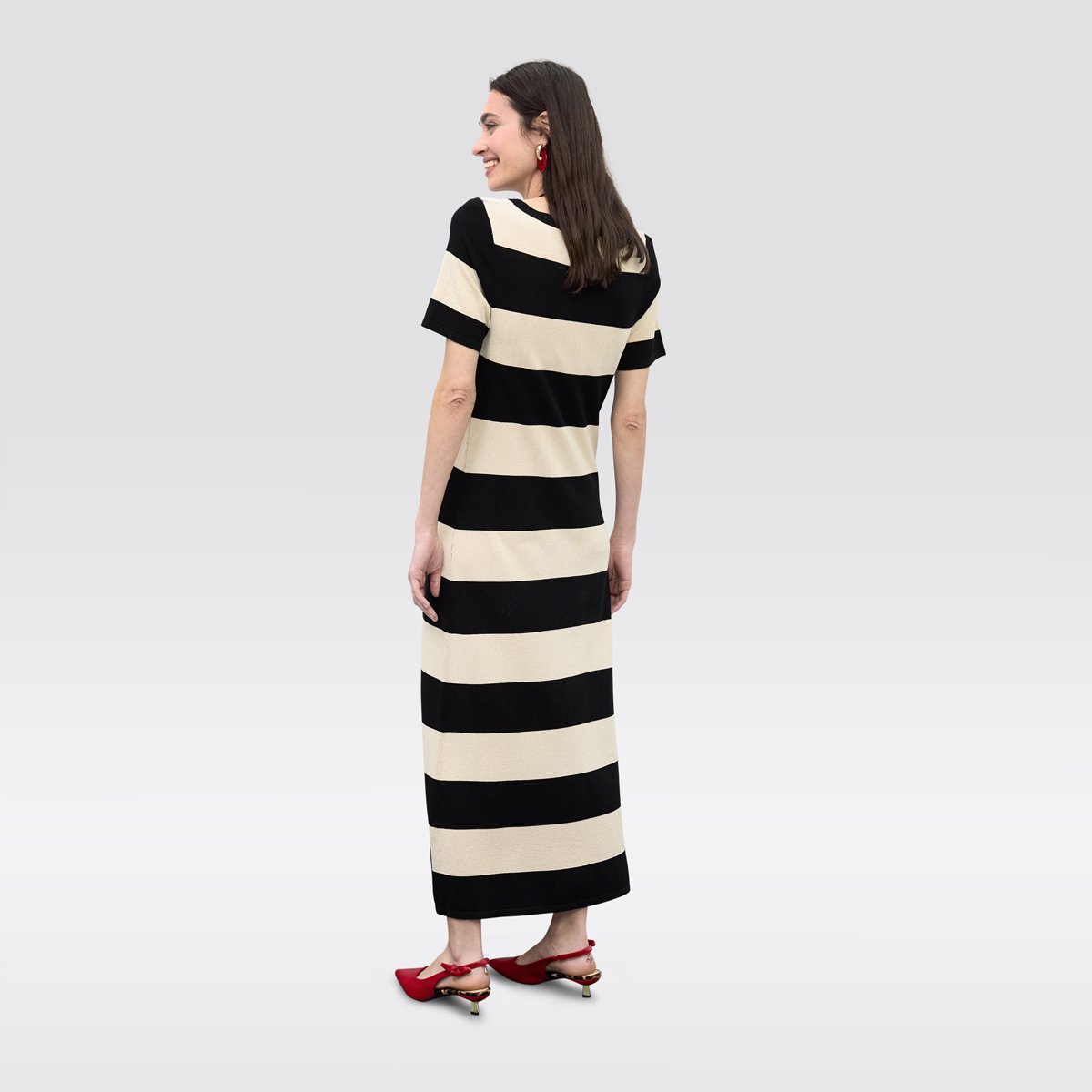 Robe longue à rayures larges manches courtes noir, LOLA CASADEMUNT