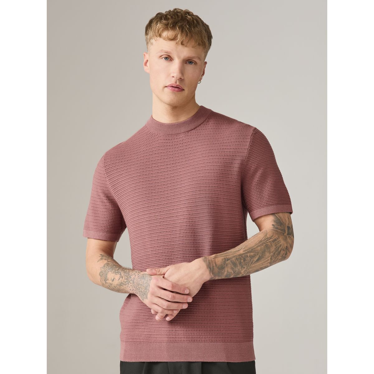 T-shirt ras du cou texturé, lot de 2 blanc/rose prune, NEXT