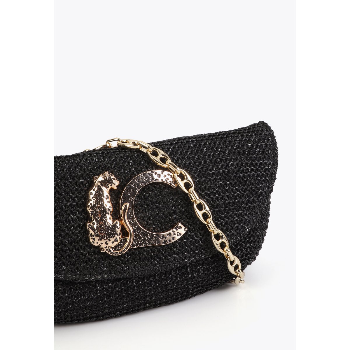 Sac à bandoulière tressé avec logo panthère noir, LOLA CASADEMUNT