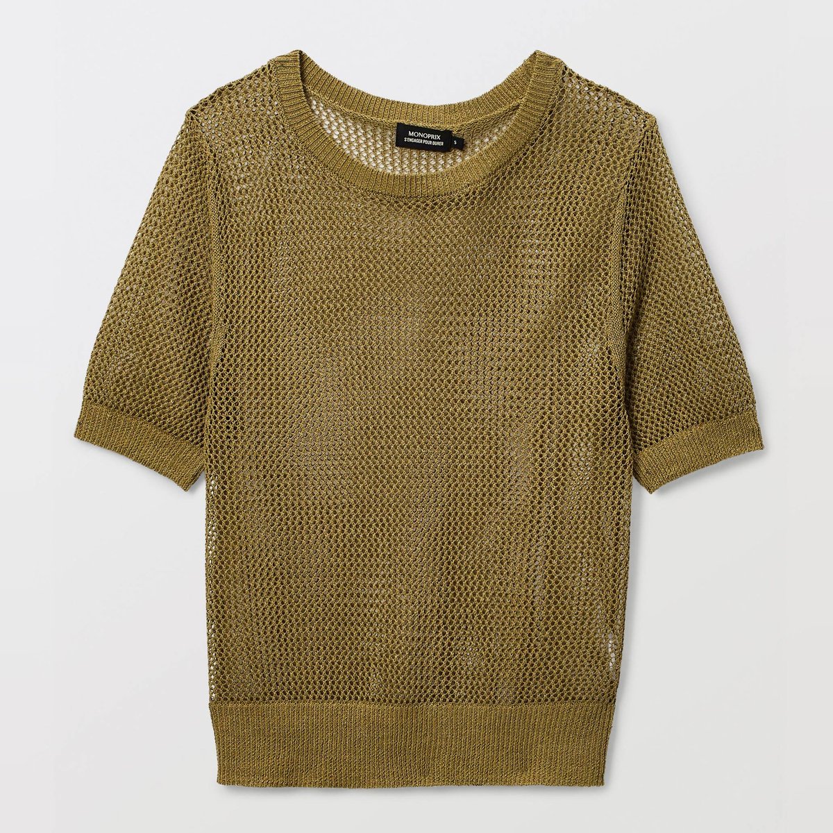 Pull manches courtes ajouré contenant du lin vieil or, MONOPRIX