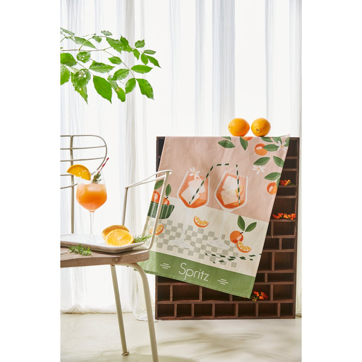 Torchon imprimé en coton et lin SPRITZ rose, COUCKE