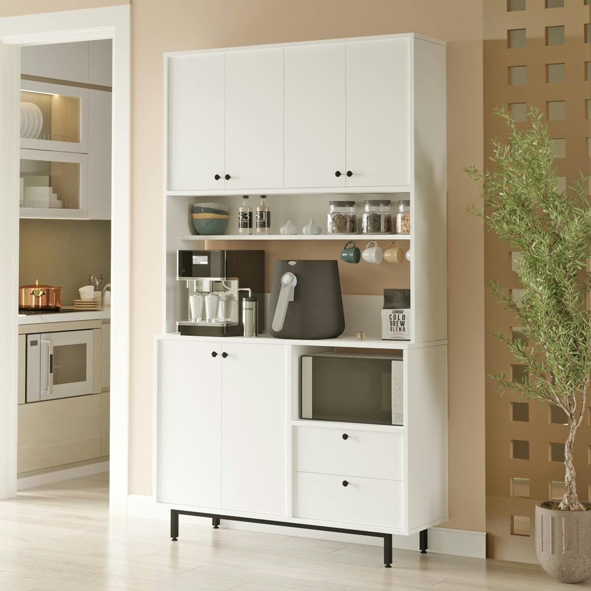 Buffet de cuisine haut multi rangements JENA blanc, PIER IMPORT