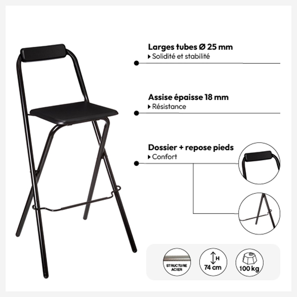 Chaise de bar en acier pliable FLEXY noir, 5FIVE SIMPLY SMART
