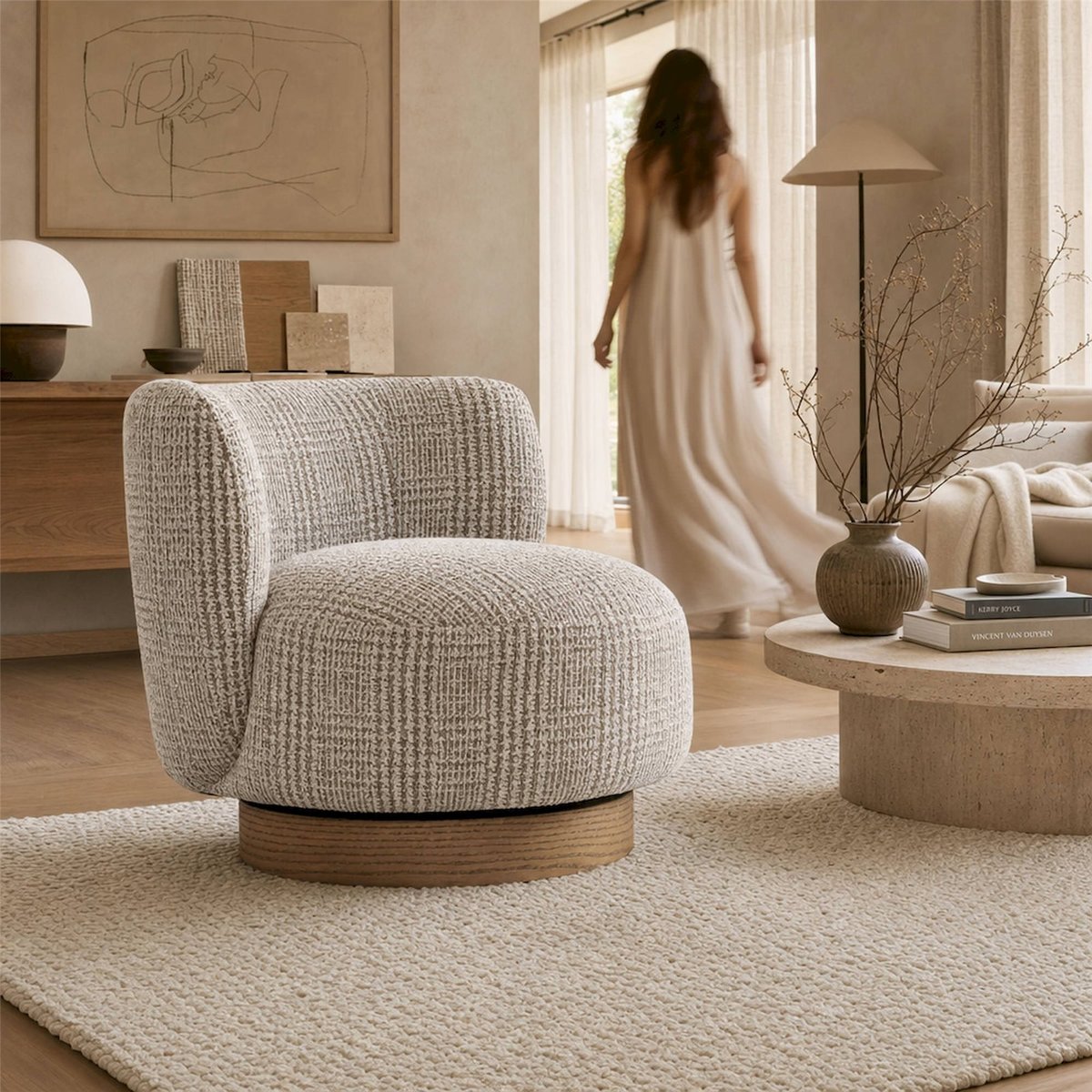 Fauteuil rotatif effet marbré gris marbré et pin brun clair, RECOLLECTION