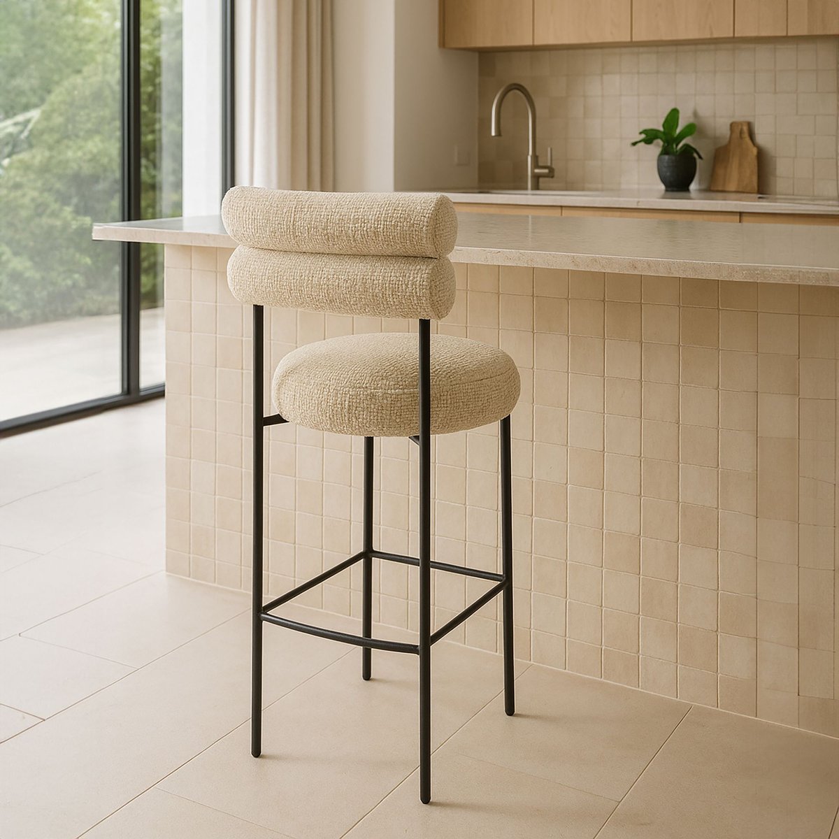 Lot de 2 chaises de bar en tissu tweed et structure métal, GINA beige, NOW'S HOME