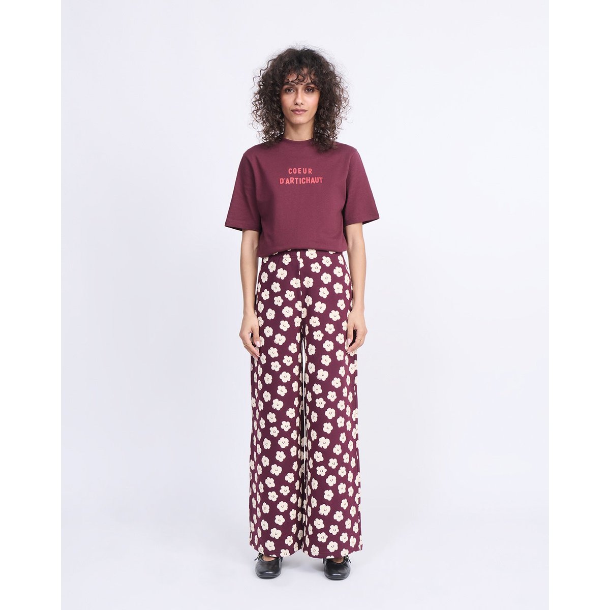 Pantalon en coton bio imprimé fleuri rouge merlot, EMOI EMOI