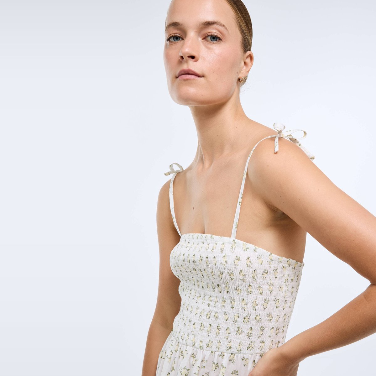 Chemise de nuit à bretelles imprimée en coton blanc, MONOPRIX