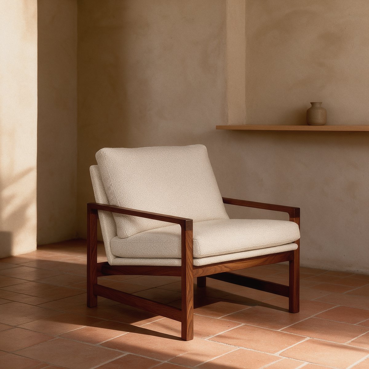 Fauteuil, Chêne massif et tissu bouclé, TROUBADOUR noyer / bigello milk, ALTASSINA