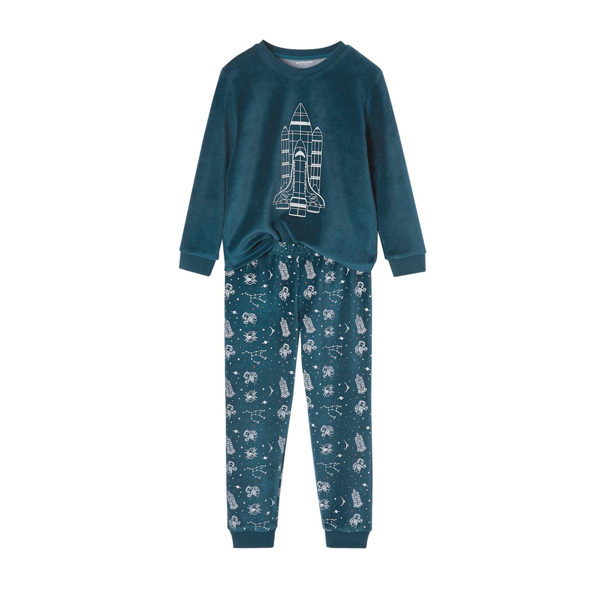 Pyjama velours fusée phosphorescente bleu canard, VERTBAUDET