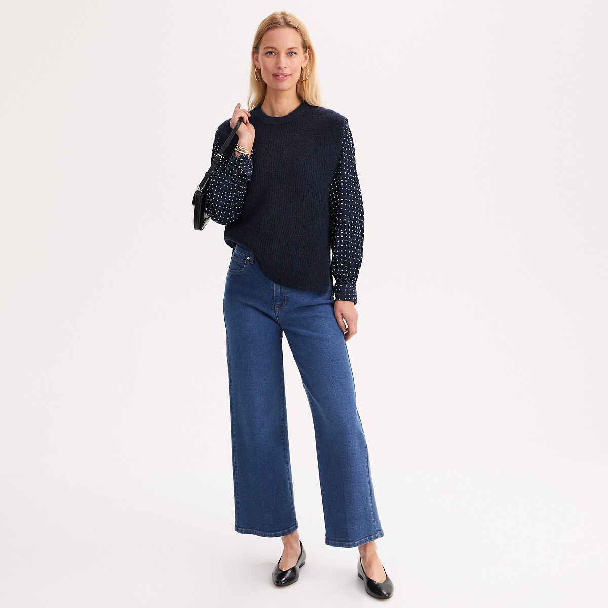 Pull sans manches, laine et alpaga mélangés bleu marine, ANNE WEYBURN