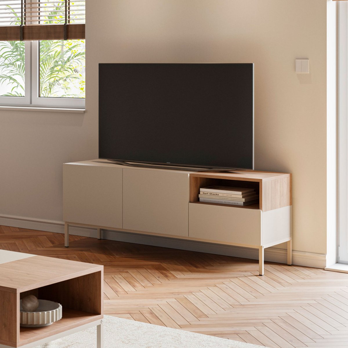 Meuble TV 2 portes 1 tiroir en bois et métal L140cm- QUENOR beige, DRAWER