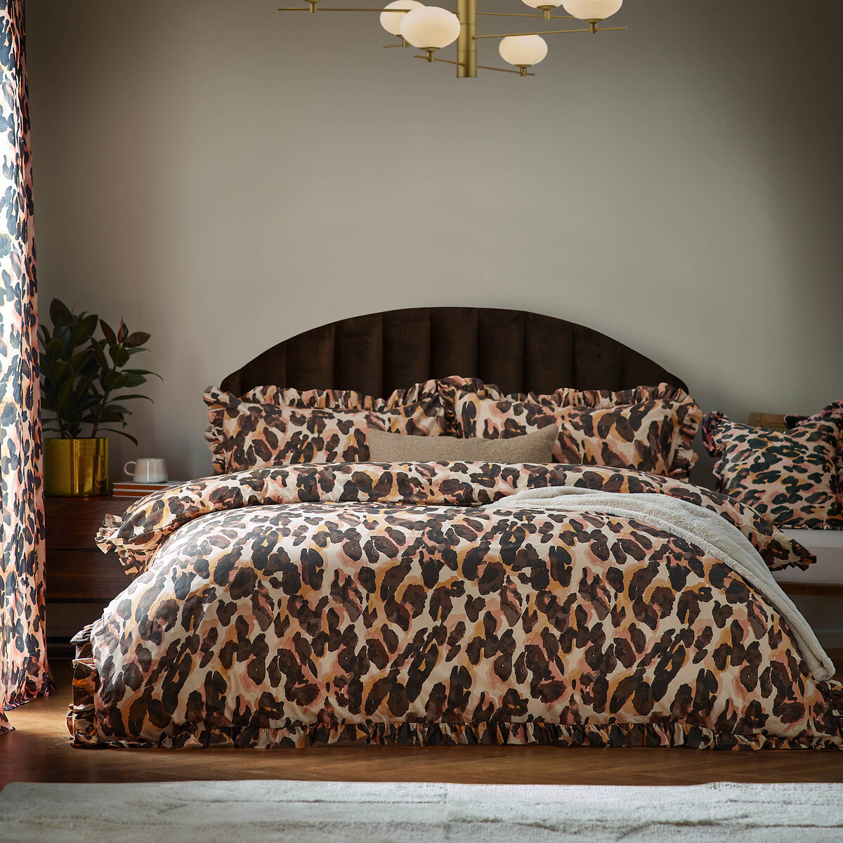 Leopard Printed Frill Trim Duvet Cover and Pillowcase Set multi-coloured, FURN.