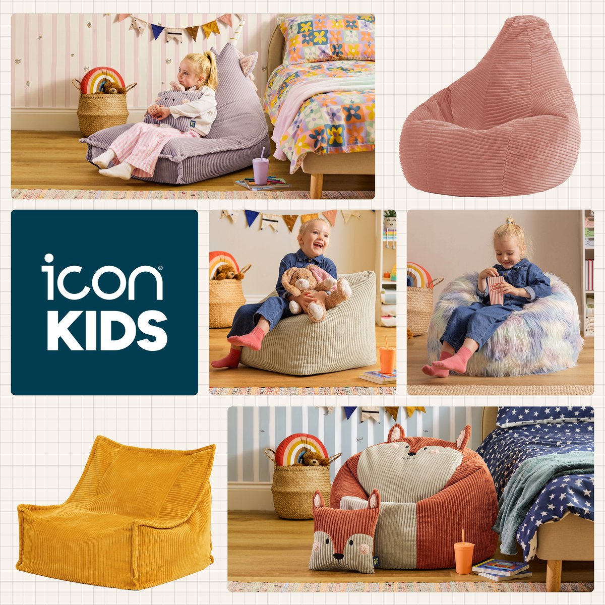 Pouf poire enfant à dossier haut avec repose-pieds carré assorti en velours côtelé Oeko-Tex® - DALTON bleu marine, ICON