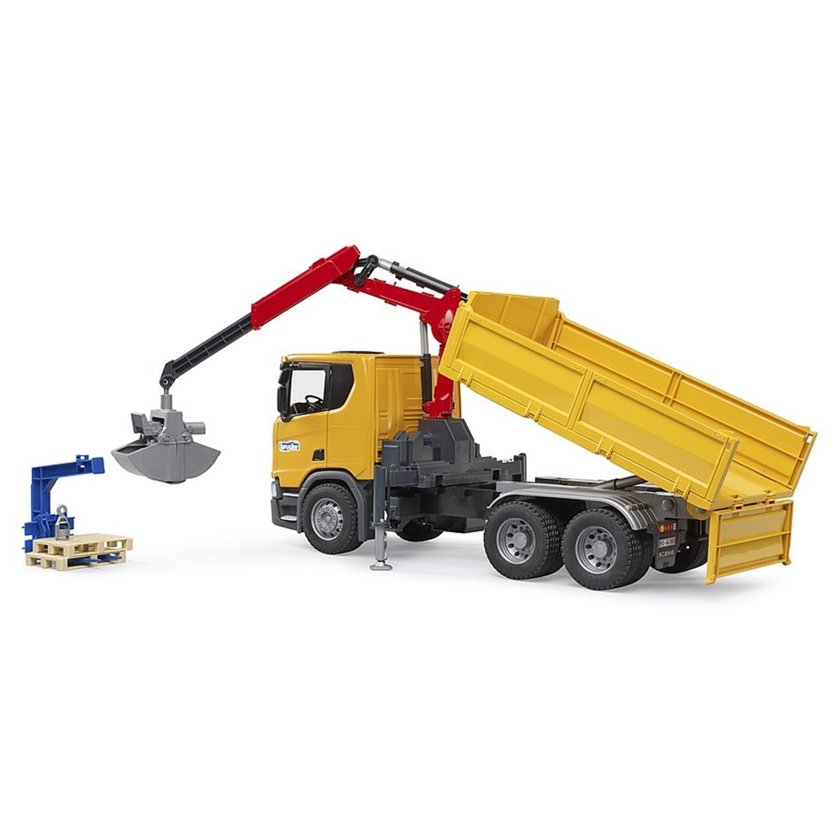 Camion de chantier Scania Super 560R avec grue et 2 palettes jaune, BRUDER