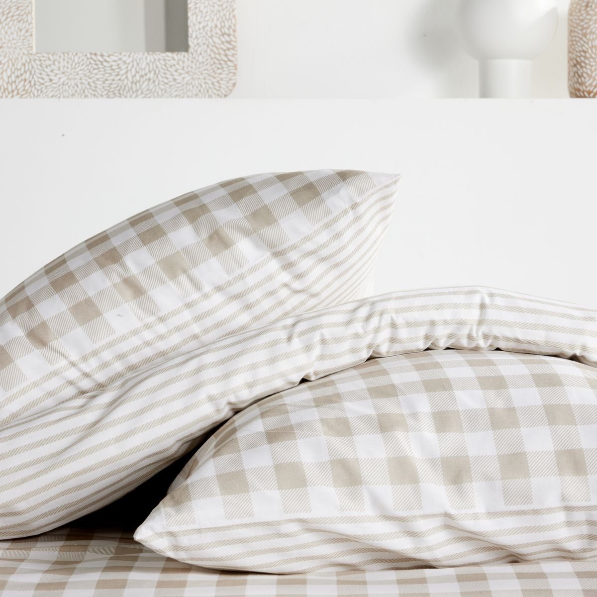 Parure de lit imprimé A carreaux coton FLANELLE blanc, TODAY