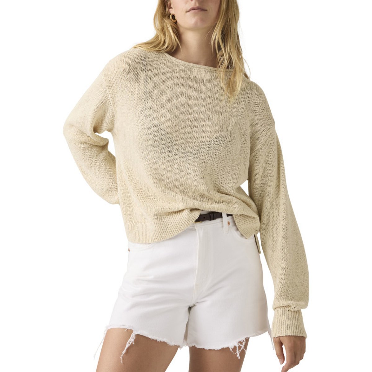 Pull en coton écru uni avec une coupe droite et un col rond beige, LEVI'S