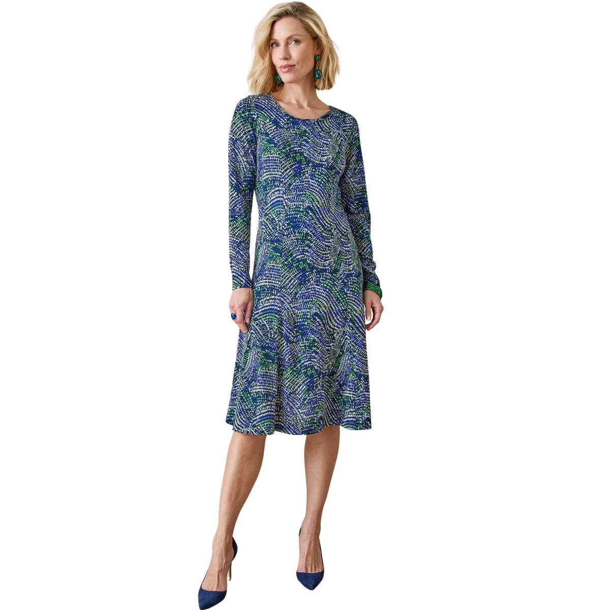 Robe fluide manches longues imprimé bleu, DAXON