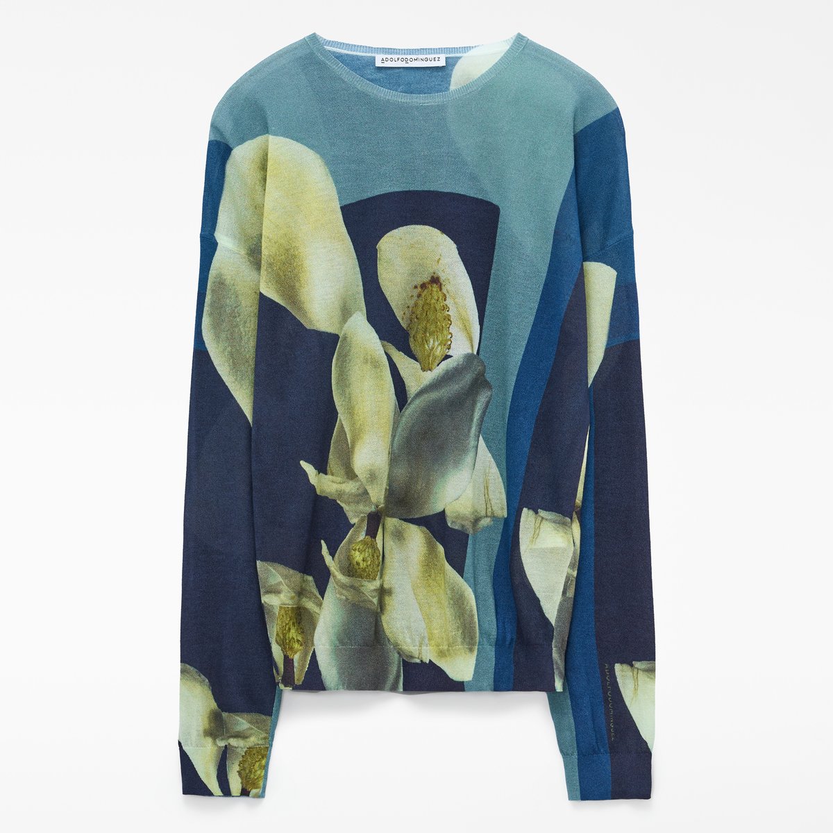 Pull en maille fine imprimée à col rond noir/bleu/vert, ADOLFO DOMINGUEZ
