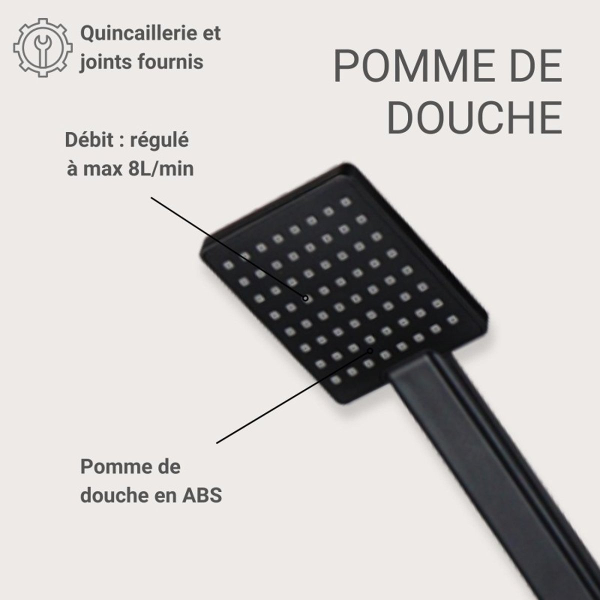 Douchette rectangulaire 1 jet TALMA noir, MOB IN