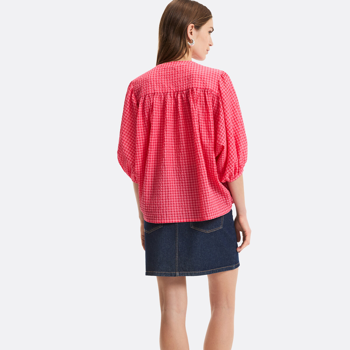 Chemise col mao à carreaux, volume oversize, en coton, Signature BERTHE carreaux rouge, LA REDOUTE COLLECTIONS
