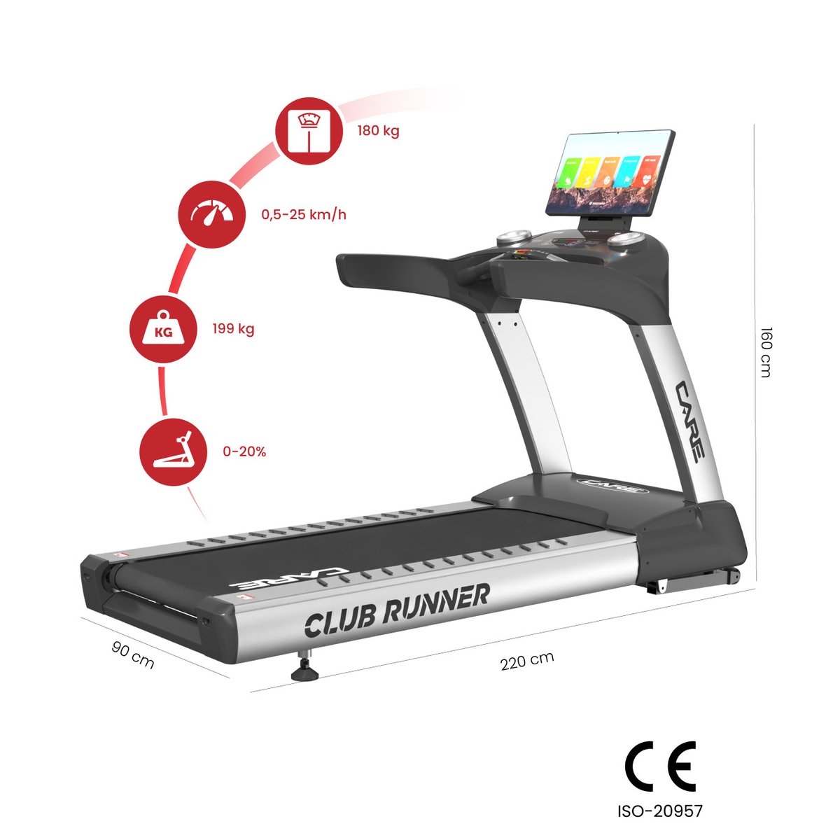 Tapis de course professionnel - 25km/h - CARE - CLUB RUNNER écran TFT gris, CARE FITNESS