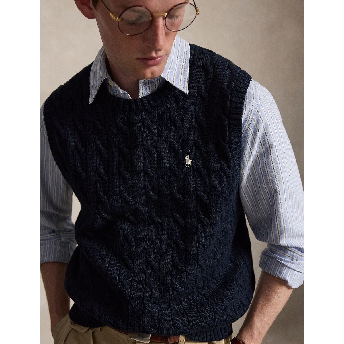 Pull sans manches, en maille torsadée bleu marine, POLO RALPH LAUREN