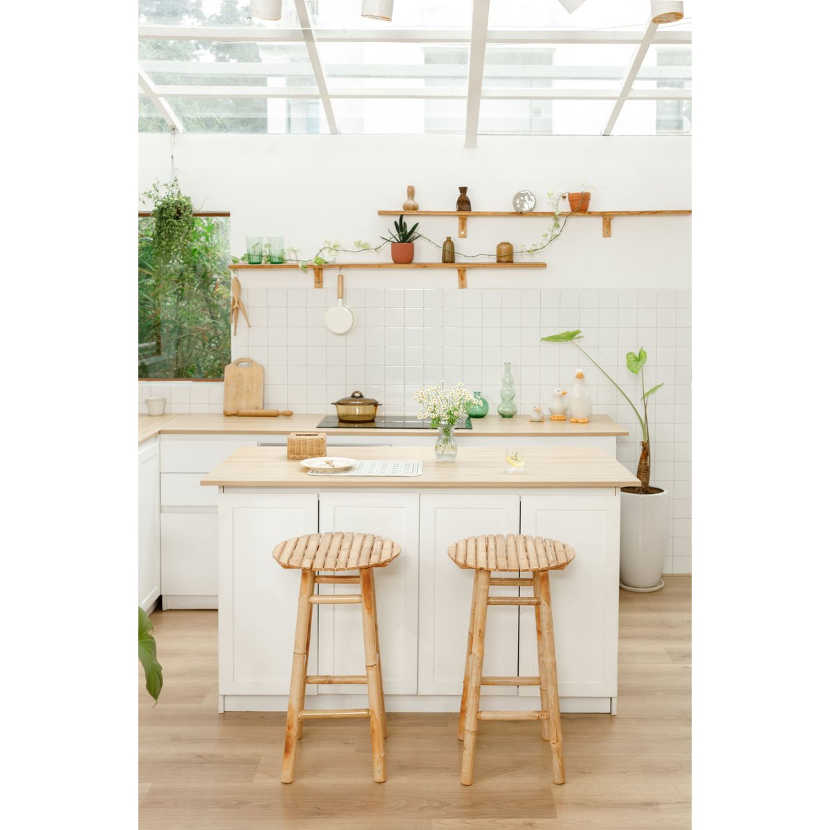 Lot de 2 tabourets de bar en bambou, SAMARINA bois naturel, NORDLYS