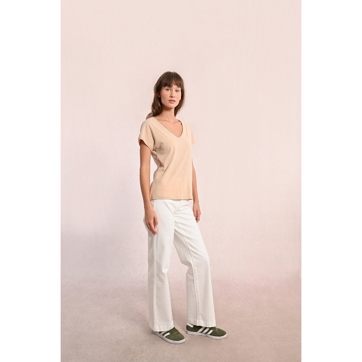 Short Sleeve T-Shirt with V-Neck beige, MOLLY BRACKEN