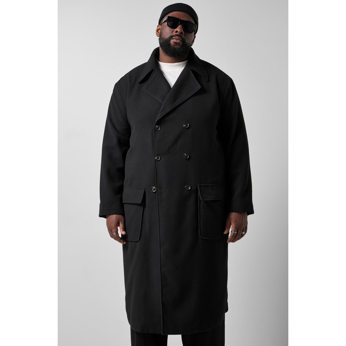 Manteau en laine mélangée, double boutonnage noir, STHUGE