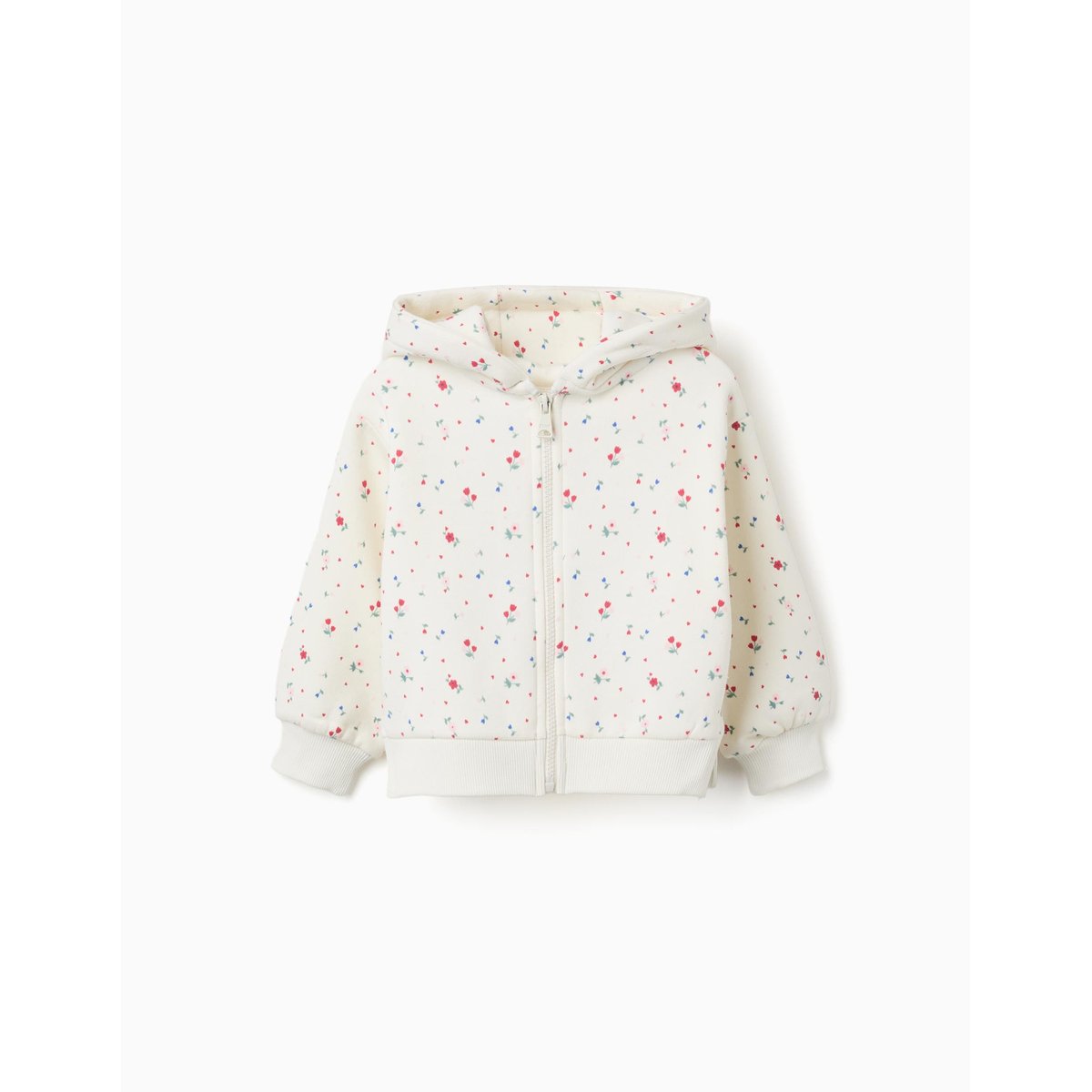 Sweat zippé en coton peigné à capuche et motif floral blanc, ZIPPY