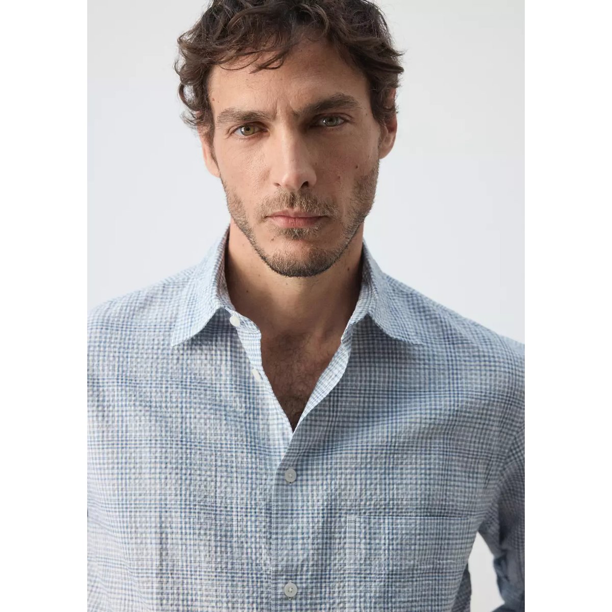 Chemise seersucker texturée à carreaux bleu, MANGO MAN
