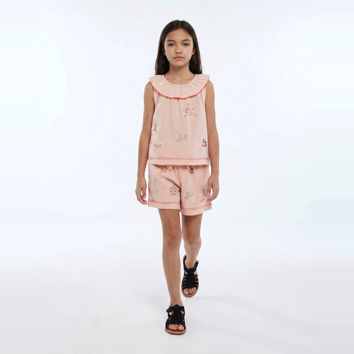 Short brodé en coton gambas, MONOPRIX