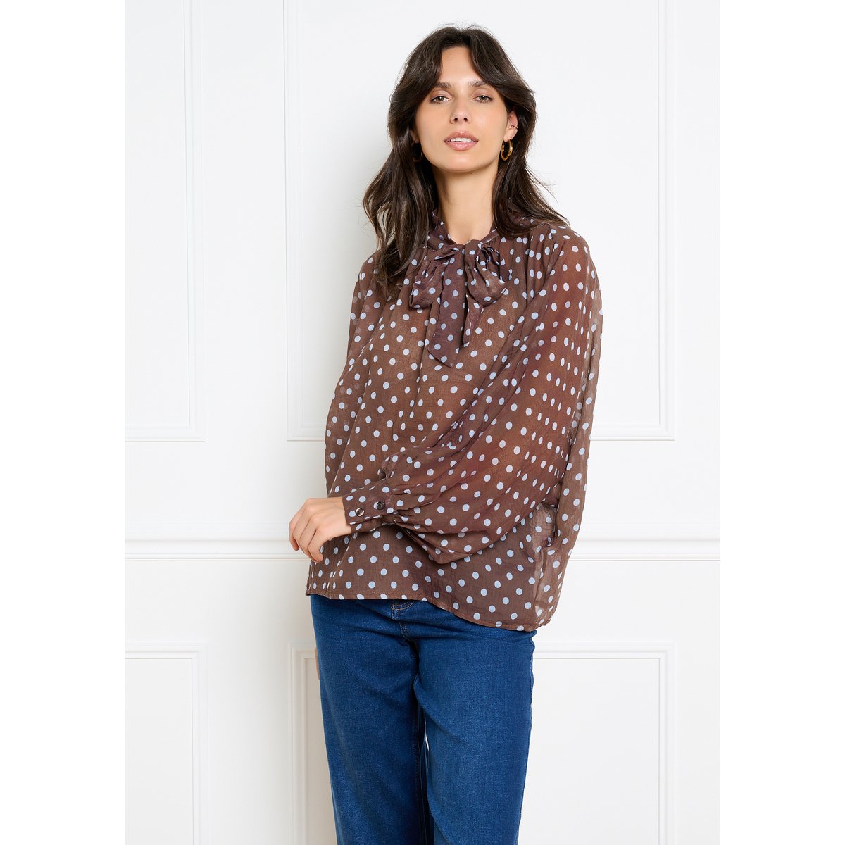Blouse à lavallière brun fonce chocolate, LOLALIZA