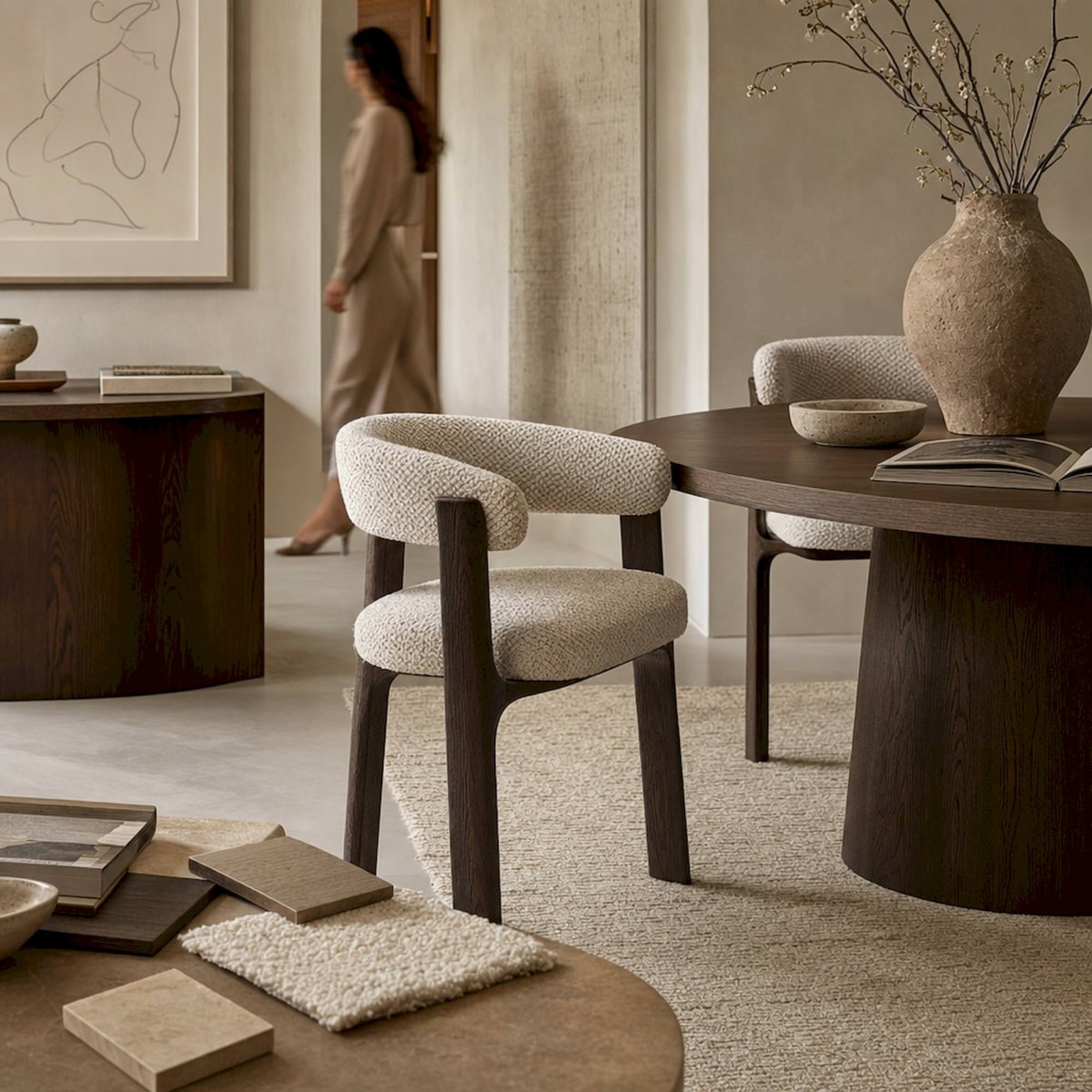 Chaise contemporaine en frêne rembourrée beige écru et brun, RECOLLECTION
