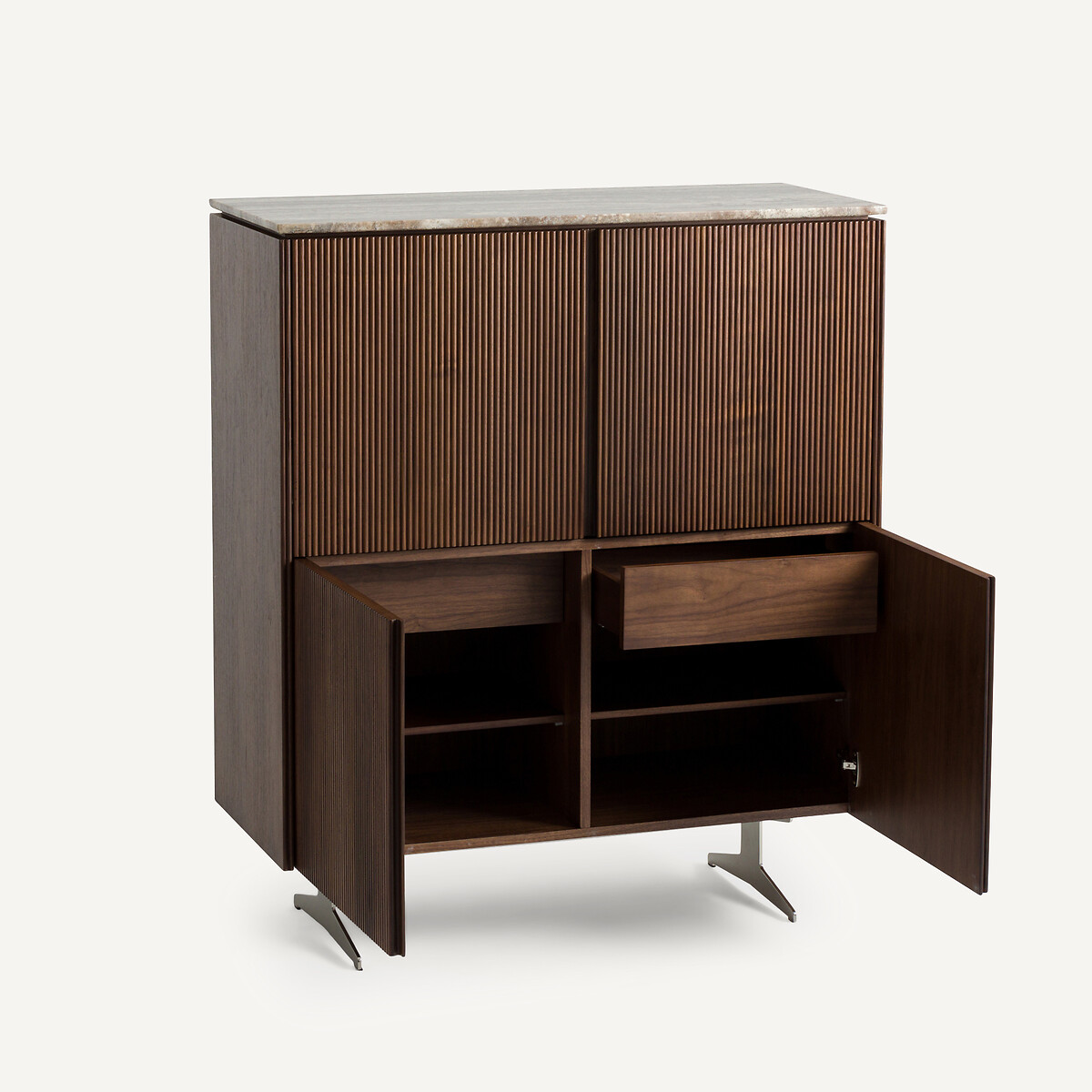 Meuble bar noyer, plaqué noyer et travertin, Jakto noyer, AM.PM