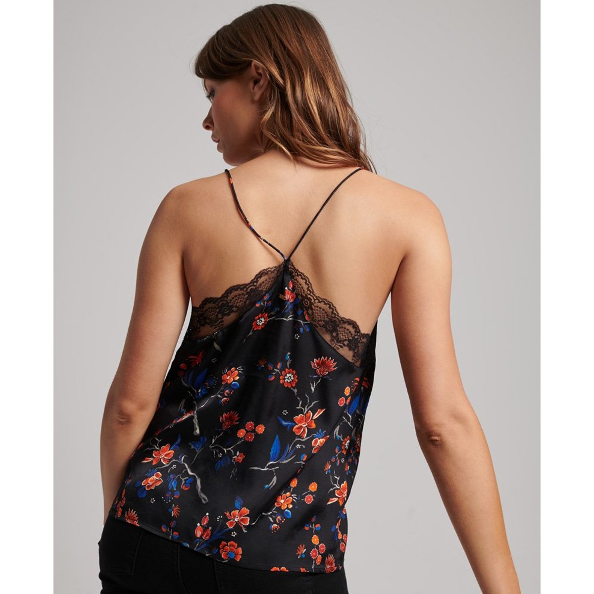 Caraco en satin avec liseré en dentelle imprimé rinko noir, SUPERDRY