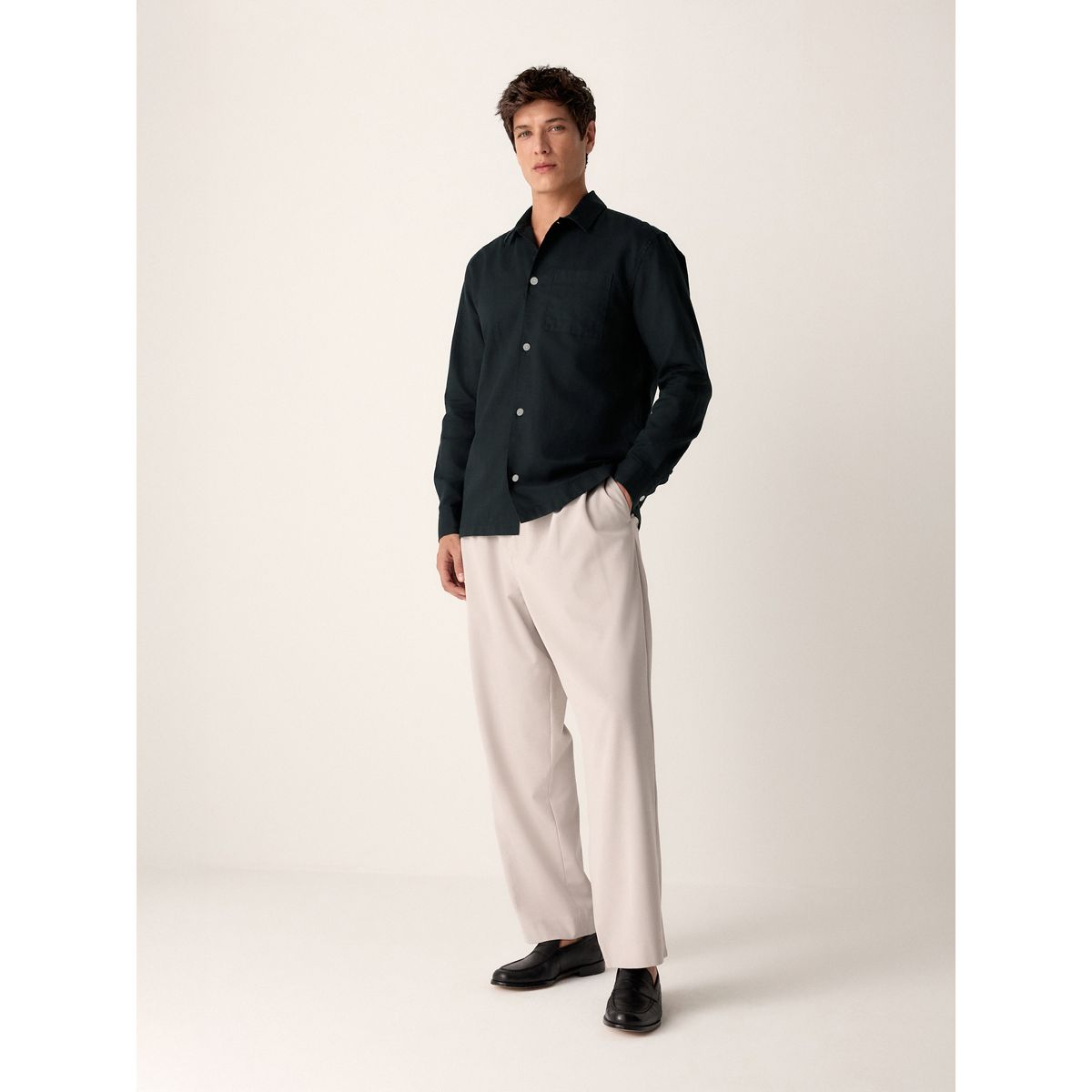 Chemise à manches courtes en lin et coton noir, NEXT
