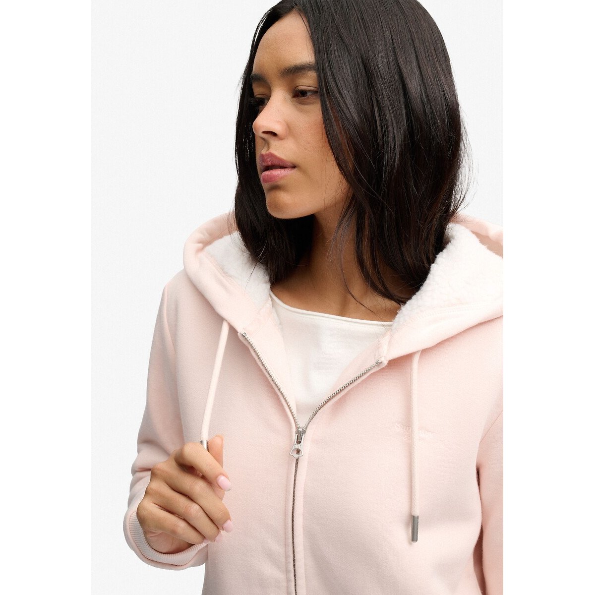 Sweat à capuche zippé Borg avec logo brodé Signature rose poudré, SUPERDRY