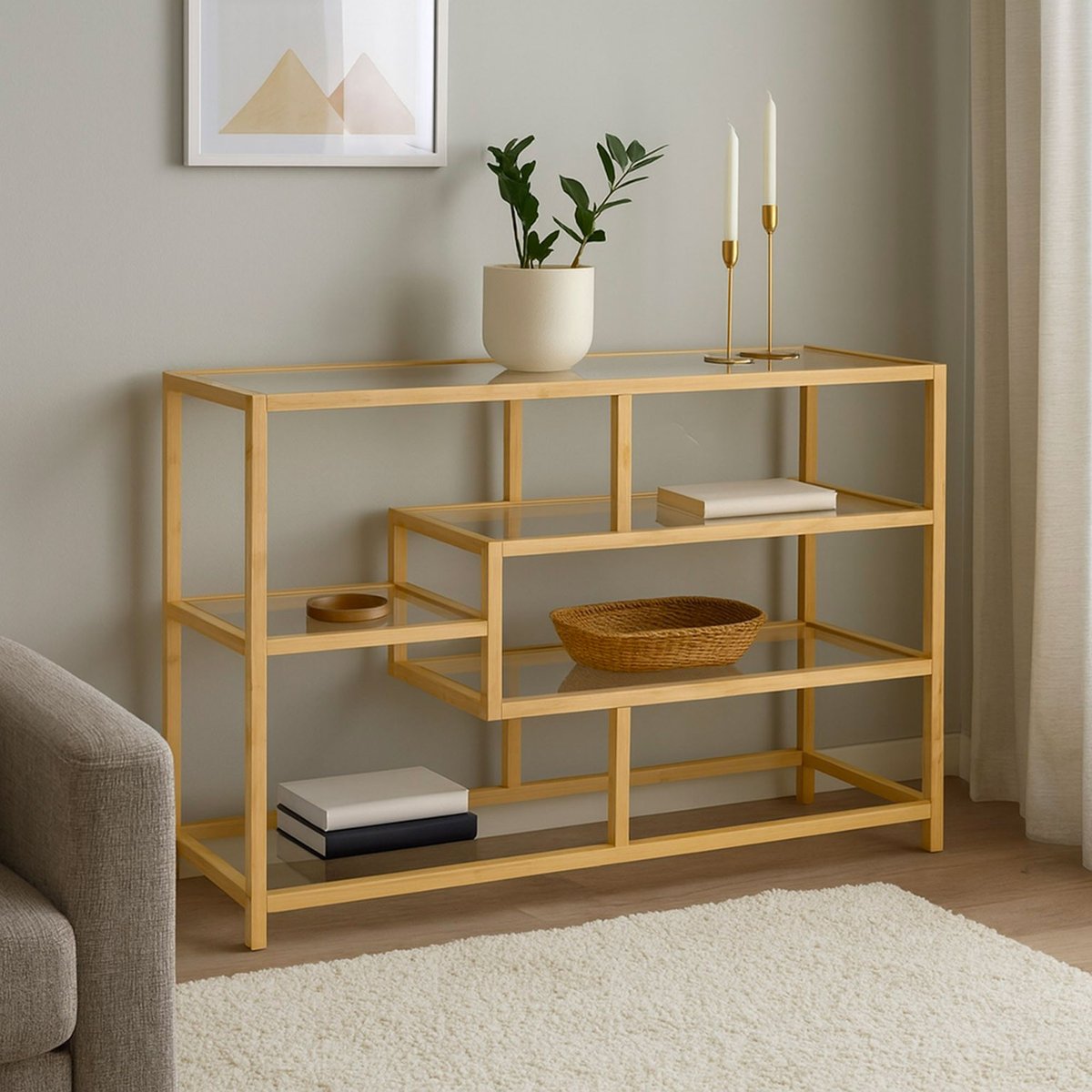 Console d'entrée bambou et plateaux en verre 114x34x79cm bois, WADIGA