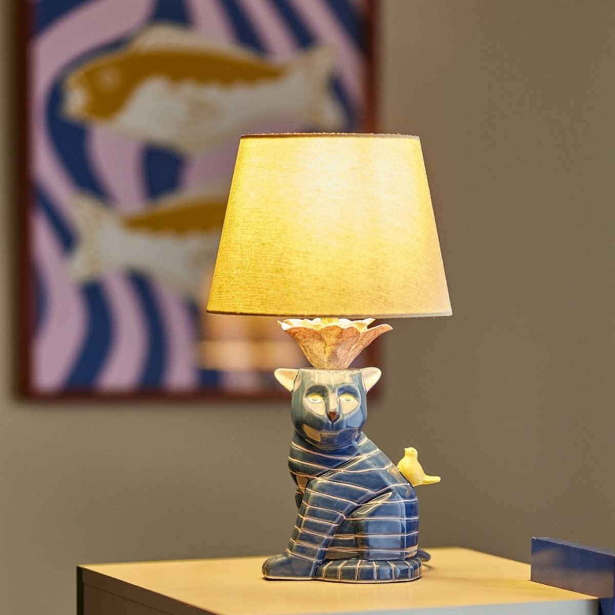 Lampe chat grès peint  ERI bleu, BLOOMINGVILLE