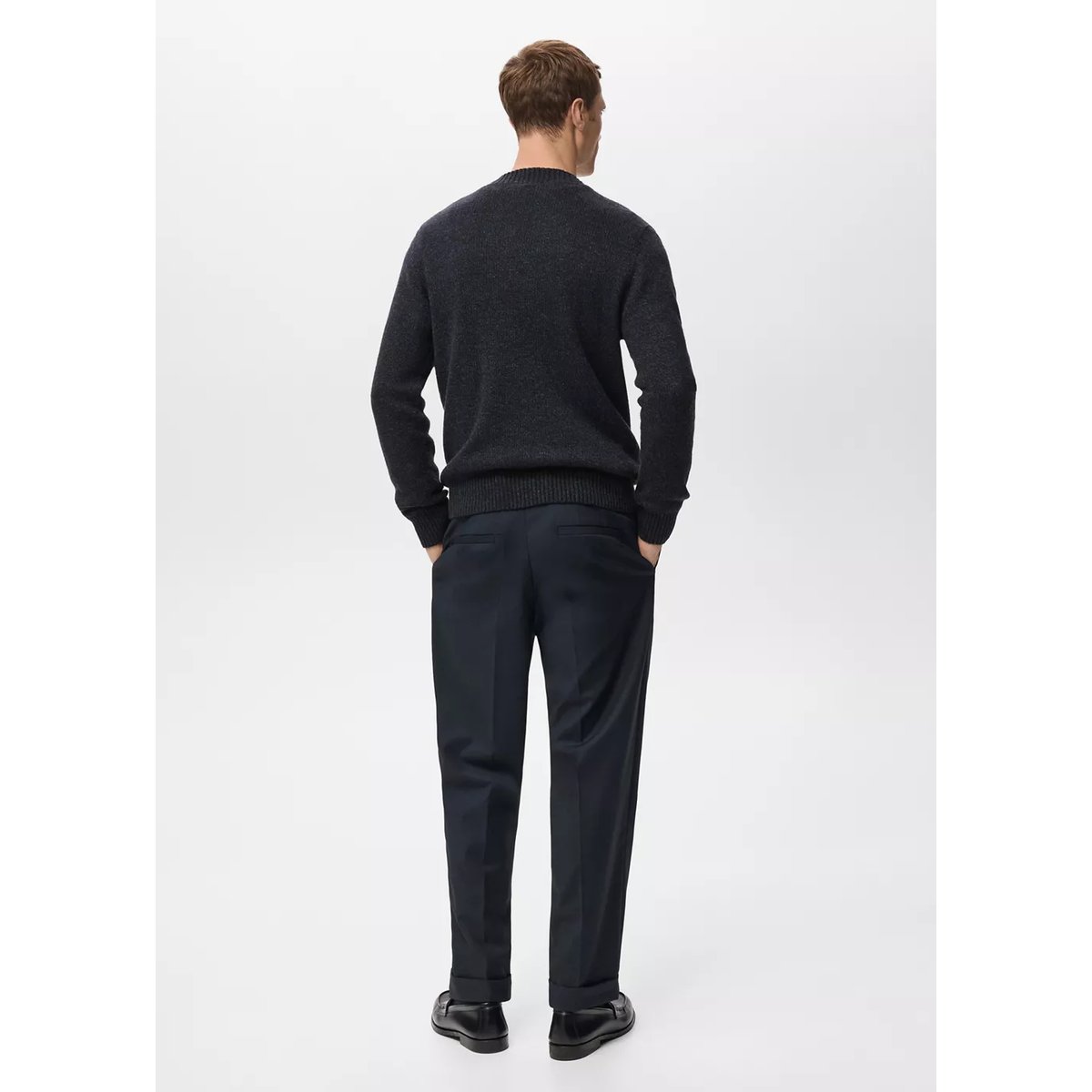 Pull col côtelé en laine mélangée bleu marine, MANGO MAN