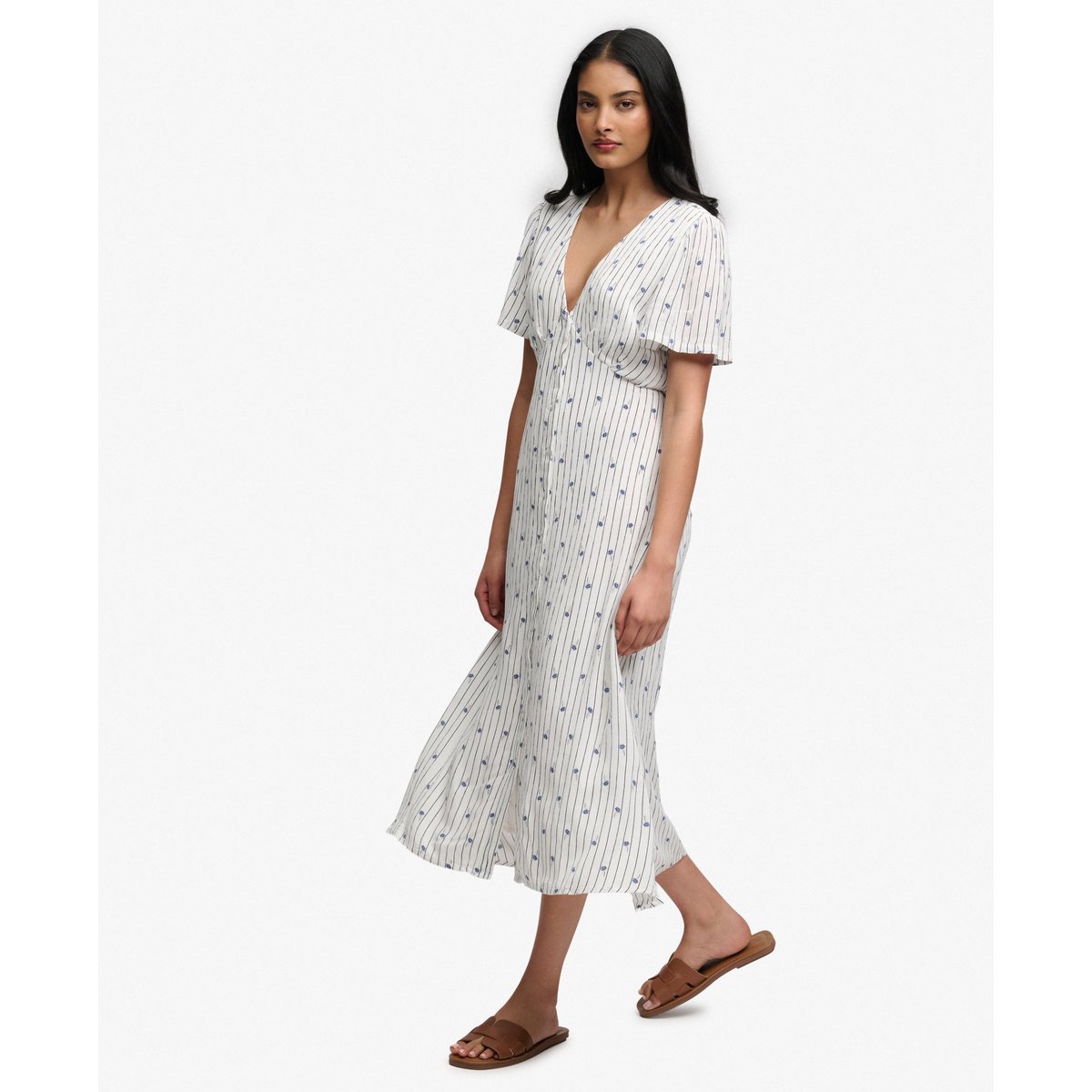 Robe Midi à Manches Courtes et Boutons Imprimée rayures ditsy crème œillet, SUPERDRY
