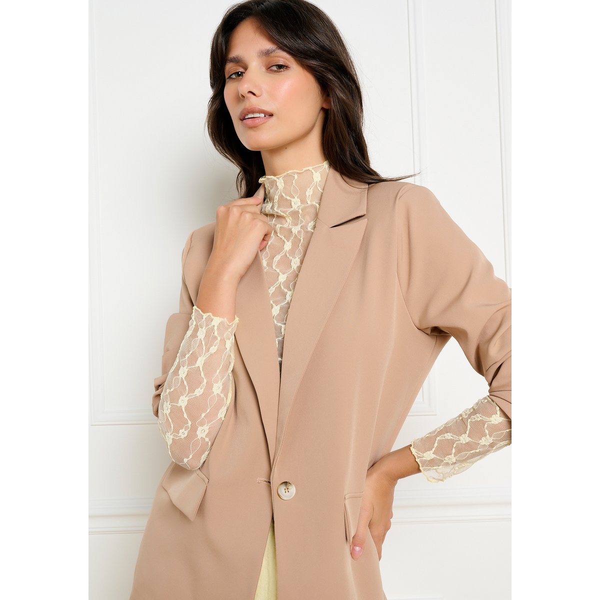 Top en mesh manches longues jaune pastel, LOLALIZA