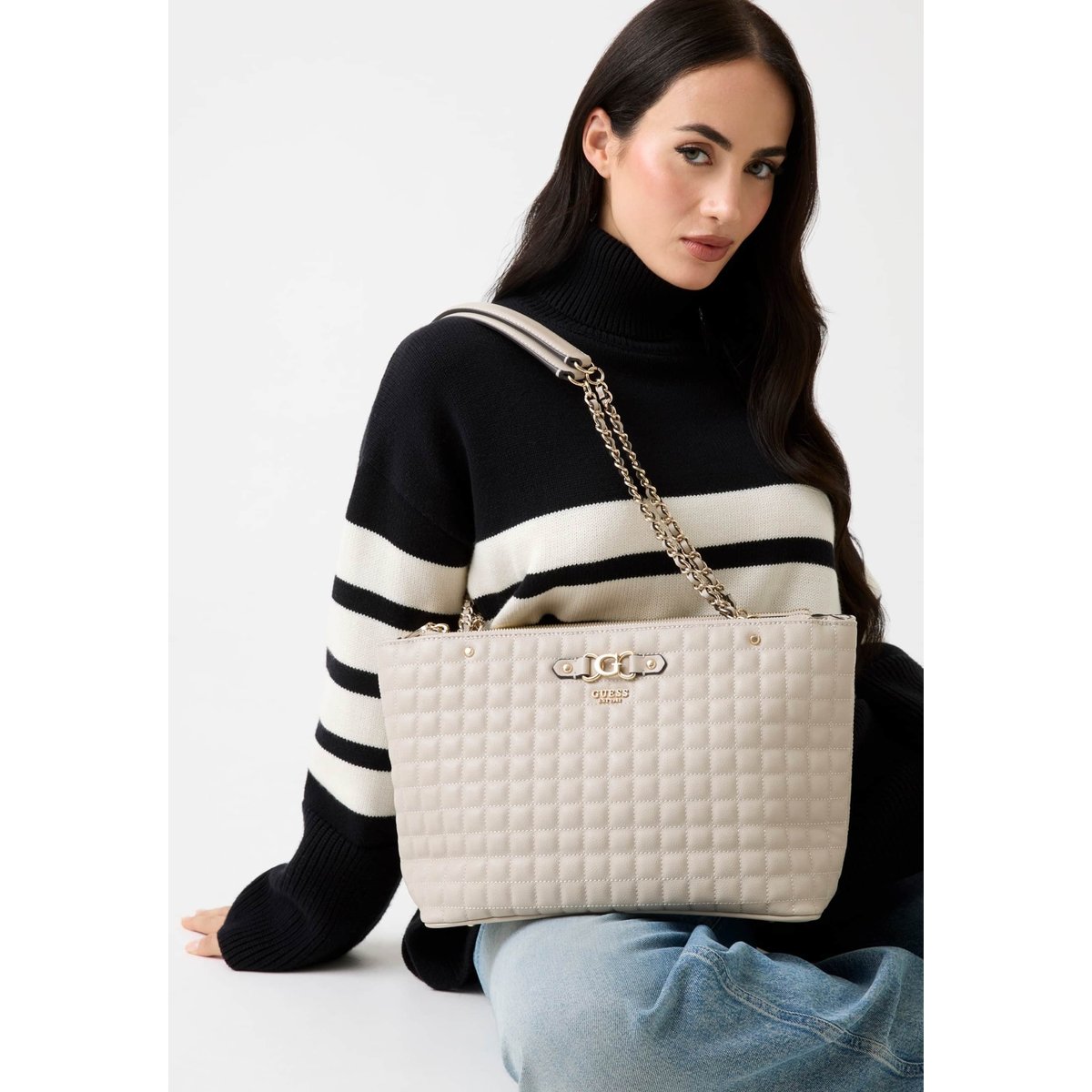 Sac Cabas Nadira Surpiqué beige, GUESS